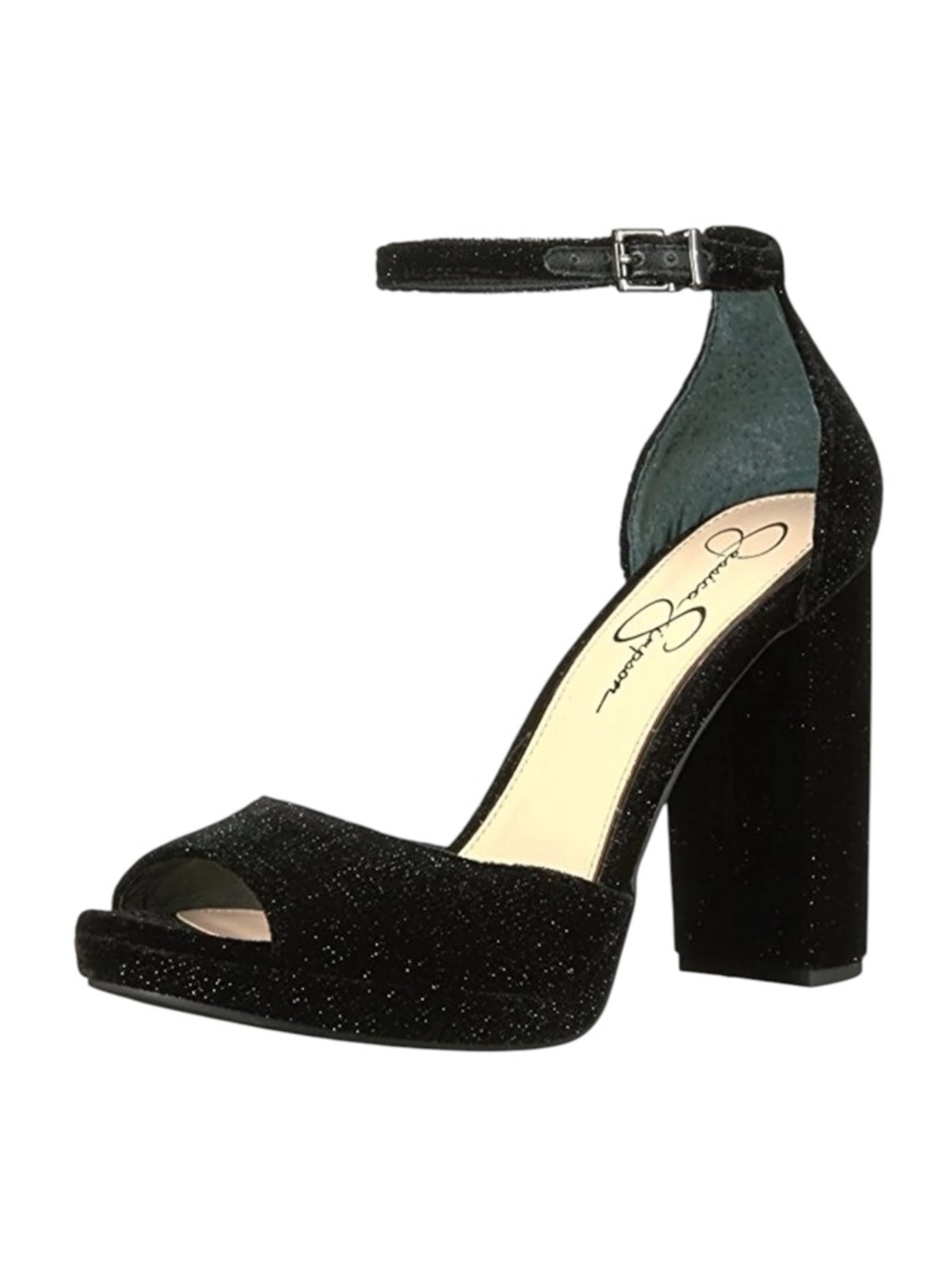 Jessica Simpson Black Glitter Peep-toe Ankle-Strap Block Heels Size 7